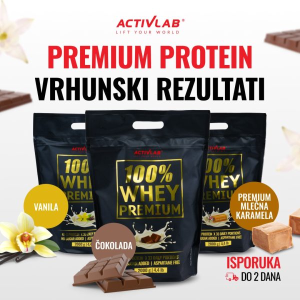 Activlab 100% Whey Premium protein, visokokvalitetni whey za rast mišića i oporavak, ukusi čokolada, vanila i mlečna karamela, pakovanje 2000g.