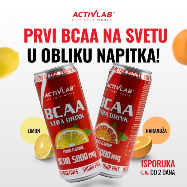 Activlab BCAA Xtra Drink, osvežavajući napitak sa 5000 mg BCAA, ukusi limun i narandža, limenka 330ml.