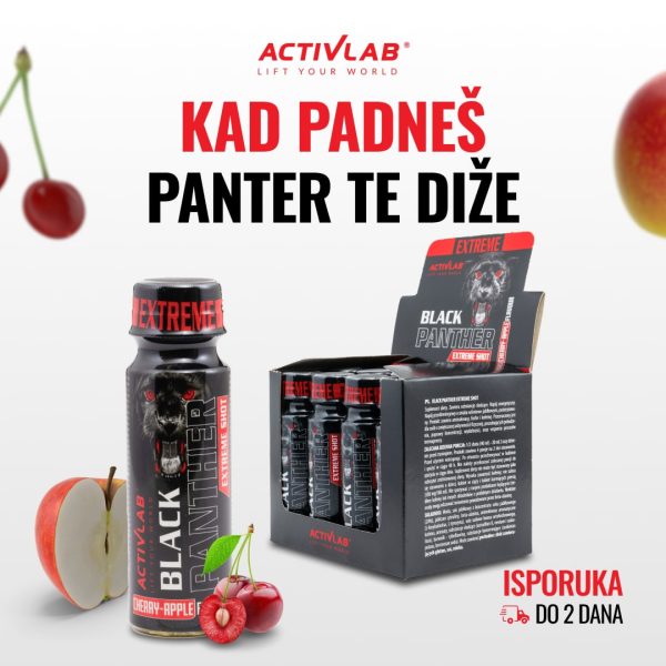 Activlab Black Panther Shot, tečni pre-workout sa ukusom trešnja-jabuka, za energiju i fokus, pakovanje 80ml.