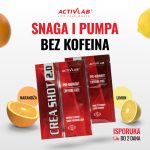 Activlab Crea Shot 2.0, pre-workout bez kofeina za snagu i mišićnu pumpu, ukusi narandža i limun, kesice 20g za jednokratnu upotrebu.