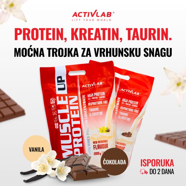 Activlab Muscle Up Protein, proteinski prašak sa dodatkom kreatina i taurina za snagu i oporavak, ukusi čokolada i vanila, pakovanje 700g.