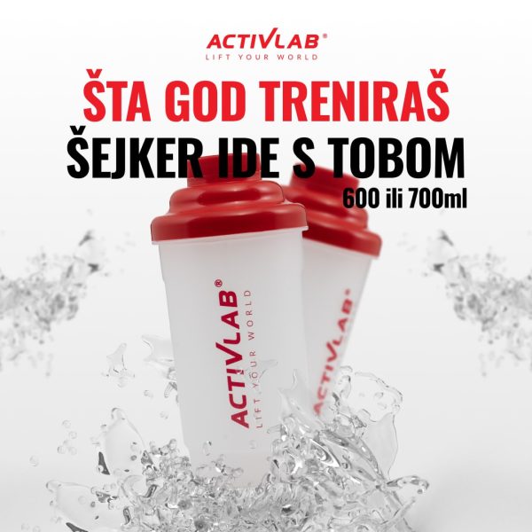 Activlab šejker za suplemente, bela boja sa crvenim poklopcem, zapremina 600ml ili 700ml, idealan za protein, kreatin i pre-workout napitke.