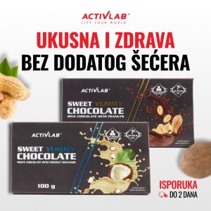 Activlab Sweet Yummy Chocolate, mlečna čokolada sa kikirikijem, bez dodatog šećera, pakovanje 100g.