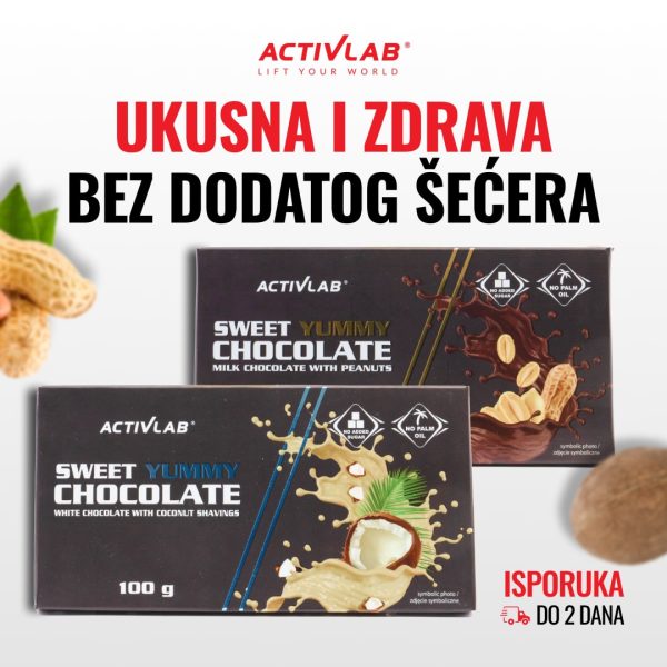 Activlab Sweet Yummy Chocolate, mlečna čokolada sa kikirikijem, bez dodatog šećera, pakovanje 100g.