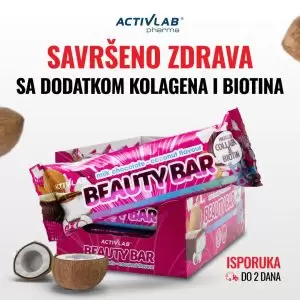 Activlab Beauty Bar proteinska čokoladica sa kolagenom i biotinom, ukus kokos-malina, idealna za zdravu užinu, pakovanje 50g.