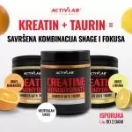 Activlab Creatine Monohydrate sa taurinom, pakovanje od 300g, dostupni ukusi narandža, limun i neutralni, dodatak ishrani za snagu i fokus.
