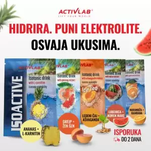 Activlab Isoactive izotonični napici, kesice za hidrataciju i nadoknadu elektrolita, ukusi: ananas sa L-karnitinom, grejp-žen šen, ledeni čaj sa ašvagandom, lubenica-koren make, narandža-đumbir, pakovanje 31.5g.